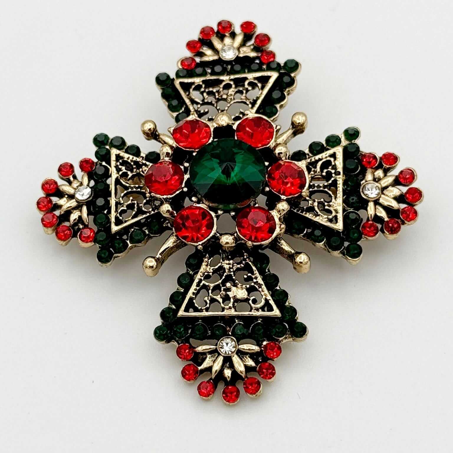 Festive Red and Green Crystal Cross Brooch