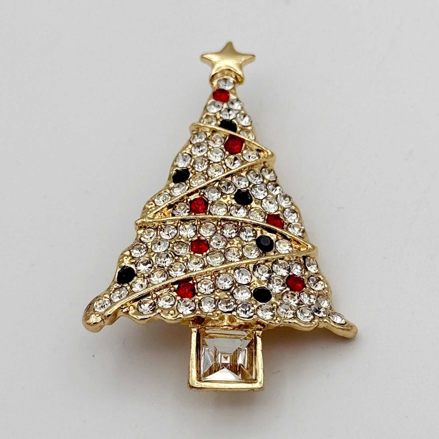 Gold Tone Crystal and Gemstone Christmas Tree Brooch